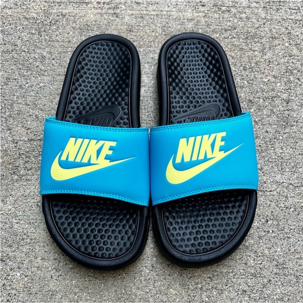 WMNS NIKE BENASSI SLIDES JUST DO IT TEALS YELLOW